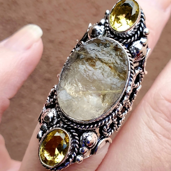 New Rough Golden Rutile and Citrine 925 Silver Statement Ring. - Picture 3 of 12